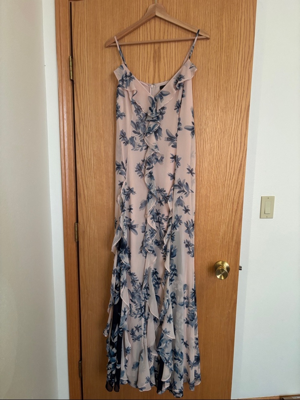 BCBGMaxAzria Blush Maxi Dress with Navy Floral Ruffle